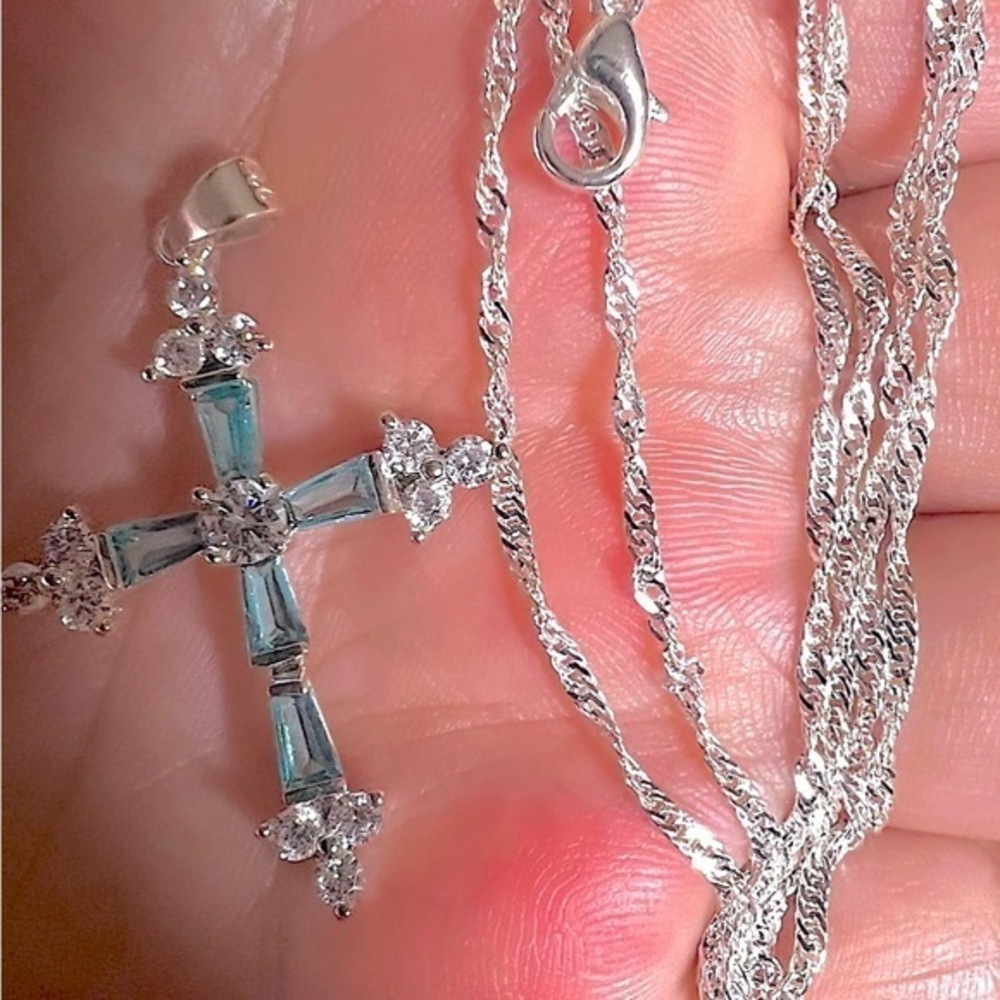 Madagascar Paraiba Apatite 925 Sterling Silver Cross necklace pendant diamond